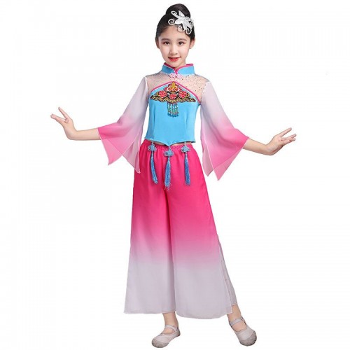 Girls children chinese folk dance dress kids ancient chinese dress yangko umbrella fan dance dresses fairy dress